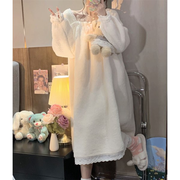 nattlinne mellanlång kjol lös korall sammet varma hemkläder Dam plysch pyjamas Ensemble white 170(XL)
