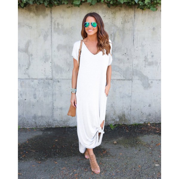 Lång klänning Rak kjol V-ringad Pocket Split Dress White 4XL