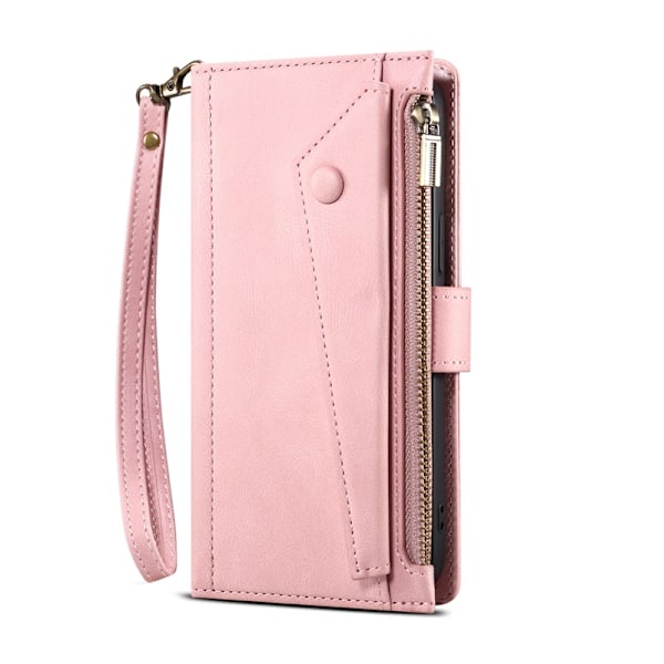 Fodral för iPhone 13 rosa retro matt yta flip multi kort dragkedja läder kortplats