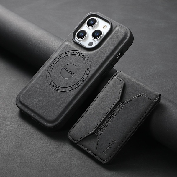 Kotelo iPhone 16 Prolle, musta magneettinen pyörivä jalusta yhdistelmäkorttipidike