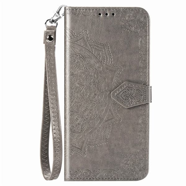 Etui til iPhone 15 Plus grå mandala lær samme stil kort håndstropp preget