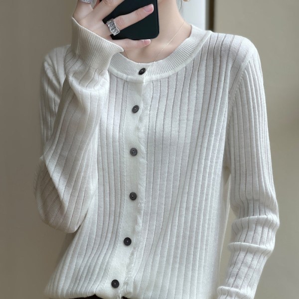 Damestrik efterår vinter sweater kvast rund hals uld bred stribet cardigan top frakke White L