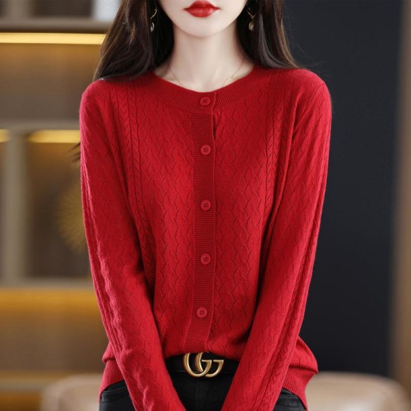 Kvinnor stickat höst vinter tröja rund hals Hollow Wool Cardigan enfärgad kappa Red L