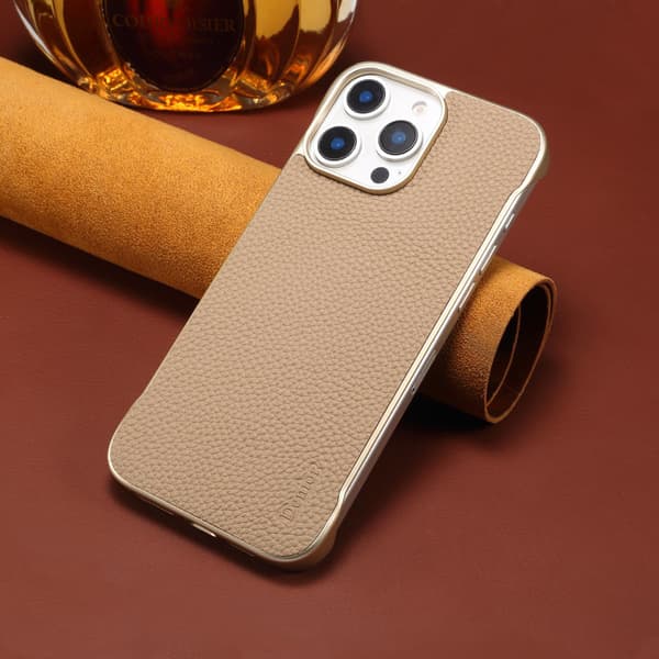 Etui til iPhone 15 khaki lychee-lær trådløs lading