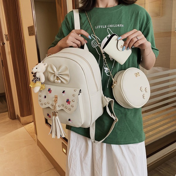 Opiskelijatytön reppu olkalaukku koululaukku Solid Pu korealaistyylinen söpö ulkona matkustava kolmiosainen puku White