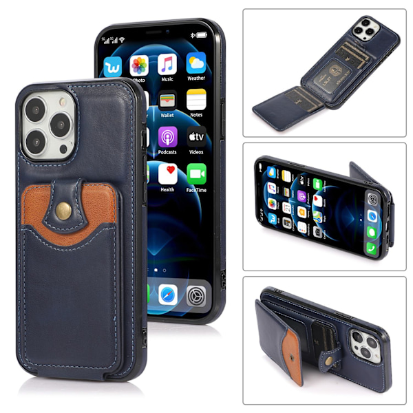 Etui til iPhone 14 blåt kortholder colorblock pung business læder