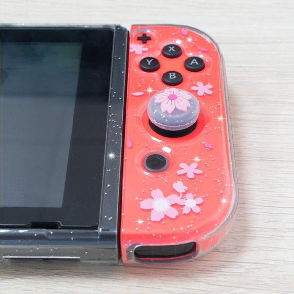 För Nintendo Switch Skyddsskal TPU Soft Cover Glitter NS Pink Girl Cherry Blossom Theme Cherry blossom joystick cap