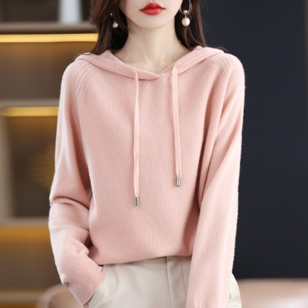 Kvinnor stickat höst vinter tröja huvtröja Lös mångsidig enfärgad topp Pink XXL