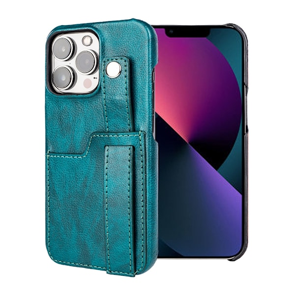 iPhone 16 Pro -kotelo, riikinkukonvihreä ranneke, pudotussuoja, jalusta, paikka käyntikortille, nahkaa