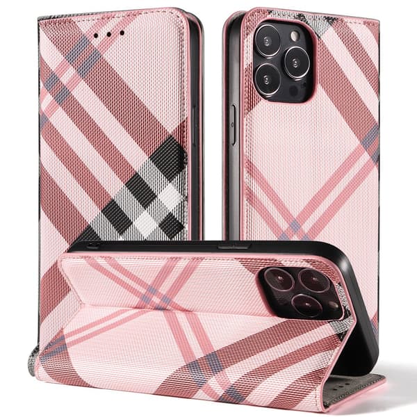 Etui til iPhone 15 Pro 6.1 pink læder ternet flip