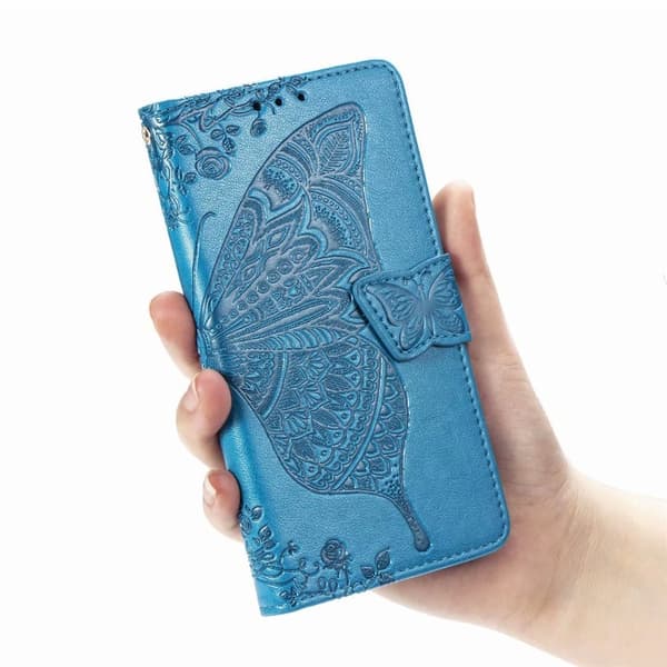 Etui til iPhone 13 blå 3D blomst sommerfugl læder præget