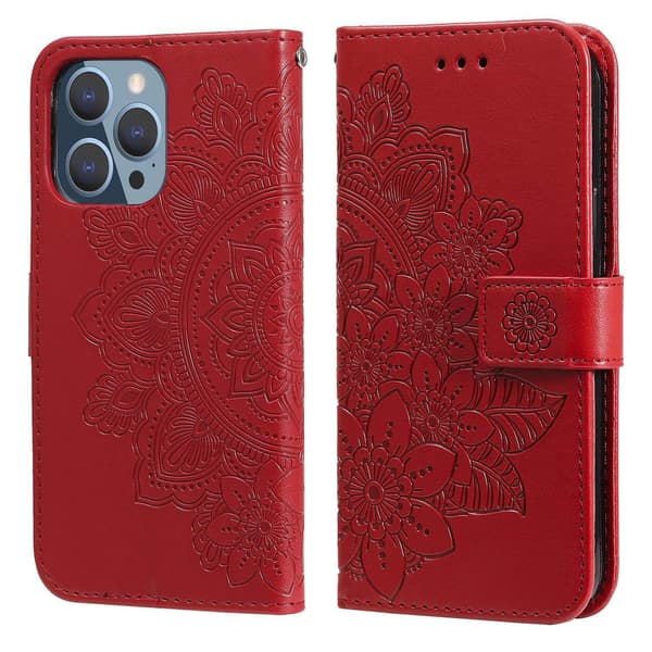 Fodral för iPhone 14PRO röd mandala läder kortplats flip stativ
