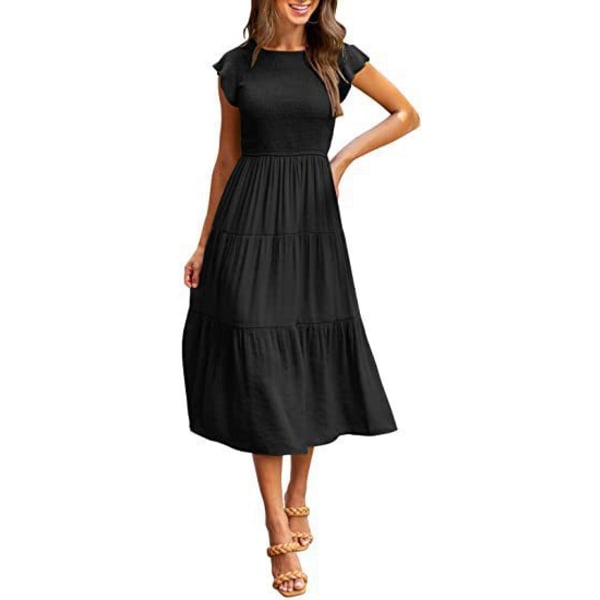 Flying Sleeves Plissering Layered Short Sleeves Large Swing Dress for Women Black L