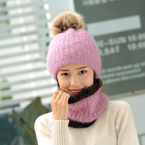 Varm vinterstickad mössa förtjockad Söt cap med boll för kvinnor Koreansk stil mode unisex Violet Hat scarf [fleece-lined] M