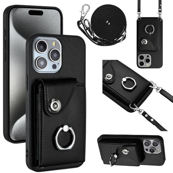 Etui til iPhone 14 Plus, sort, lang snor, harmonika kortholder, ring spænde