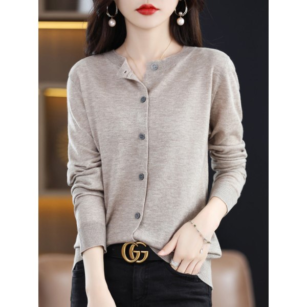 Damestrik efterår vinter sweater rund hals sweater ensfarvet cardigan ydre frakke top Camel XL