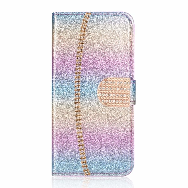 Fodral för iPhone 14 regnbågsgradient blå glitter kortplats läder guldkedja diamantplånbok