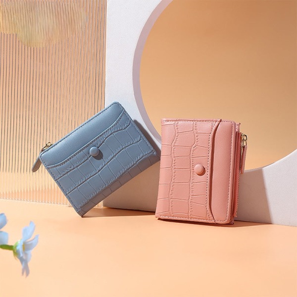 Two-Fold Wallet Short Zipper Pu Coin Purse Fashion Large Capacity Multi-Card Women's Wallet Blue