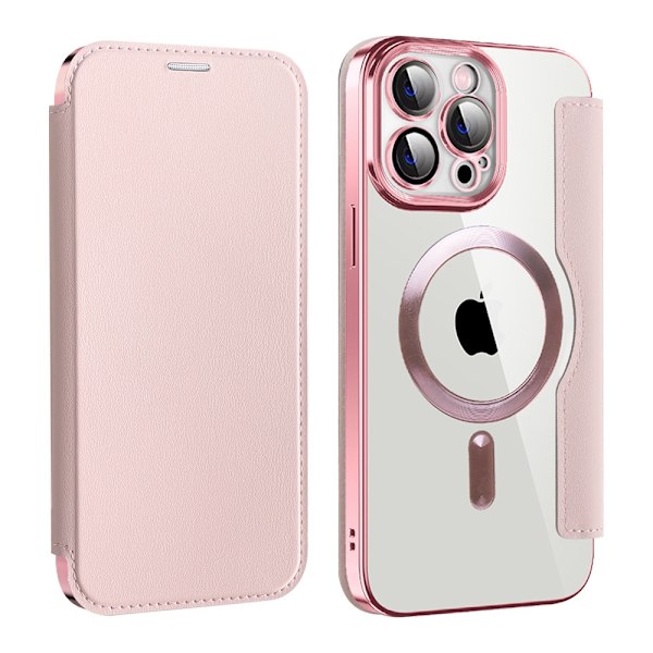 Kotelo iPhone 16 Prolle, pinkki, langaton lataus, lompakkomallinen, magneettinen korttipaikka, nahkaa