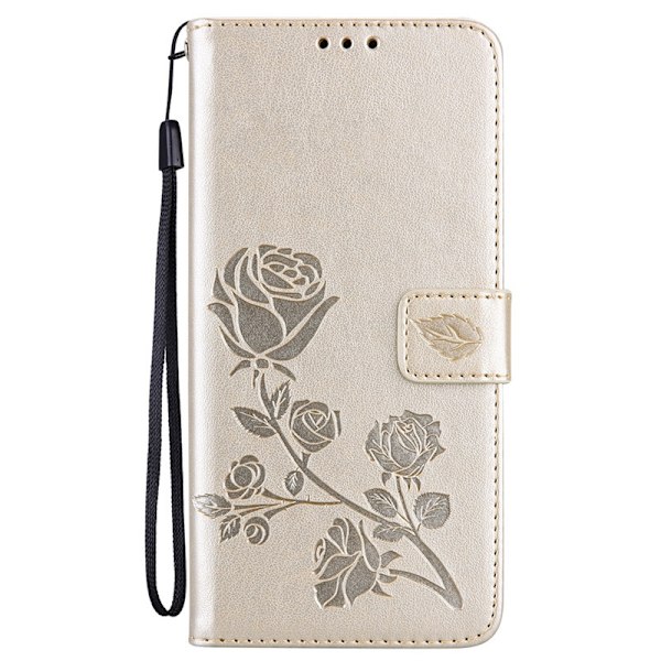 Fodral för iPhone 13 guld ros läder ros präglad blomma