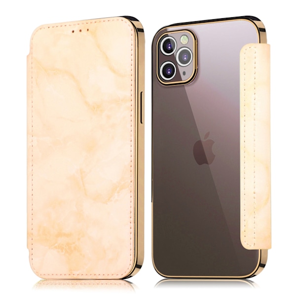 Skal för iPhone 14 Pro Max 6.7 guld marmor elektroplätering PU läder mjukt