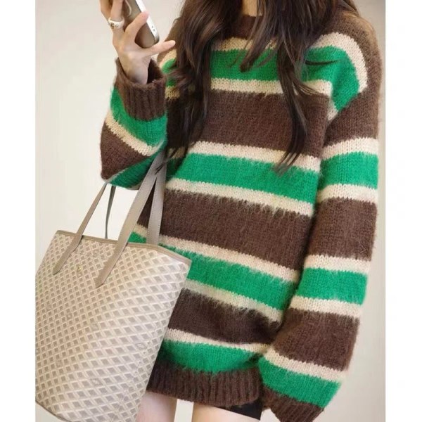 Kvinder Strik Efterår Vinter Sweater Vintage Mohair Stripes Pullover Matchende overtøj Top Green S
