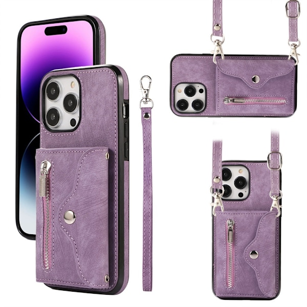 Kotelo iPhone 14plus 6,7 tuuman puhelimelle, violetti [lyhyt ristikkäisnaru] sopiva harmonikkakorttipidike