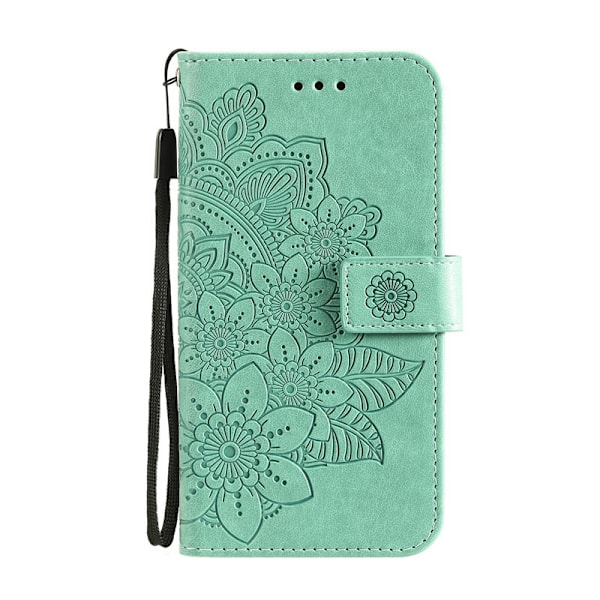 Fodral för iPhone 14 grön sju kronblad präglat läder sju blommor