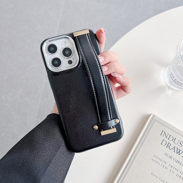 Etui til iPhone16PRO sort voks læder armbånd anti fald fuld metal ring