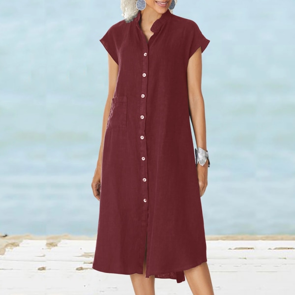 Tatting Cardigan Stand Collar Enkelknäppt bomull och linne Pocket Dress Slip Dress Wine Red M