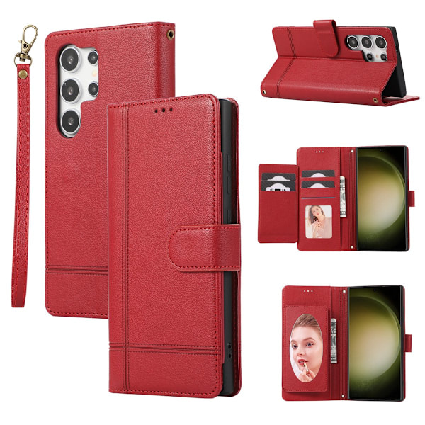 Fodral för iPhone 15 Plus röd handrem solid multi-kort modeplånbok multifunktionskort h