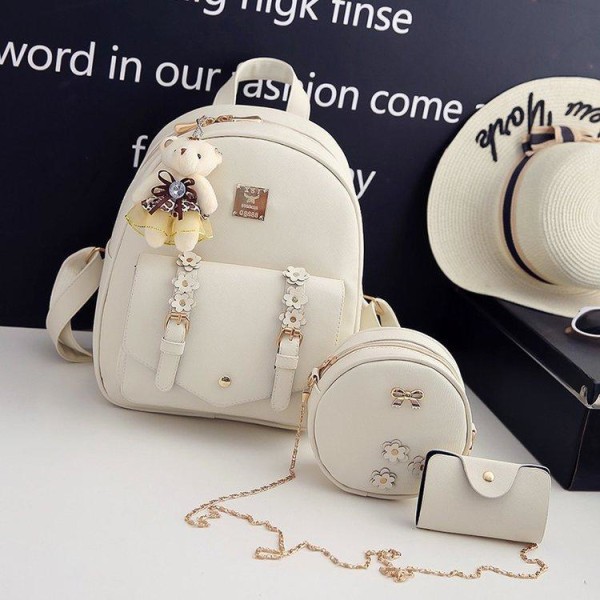 Student jente ryggsekk skulderveske skolesekk Flower Belte Pu Tredelt flerbruks student Casual All-Matching Bag White