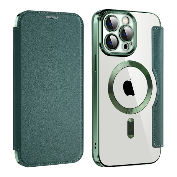 Kotelo iPhone 14 max vihreälle langattomalle lataukselle lompakkomallinen magneettikorttipaikalla nahkaa