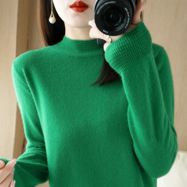 Kvinder Strik Efterår Vinter Sweater Halv rullekrave Indvendig løstsiddende ensfarvede lange ærmer Emerald L