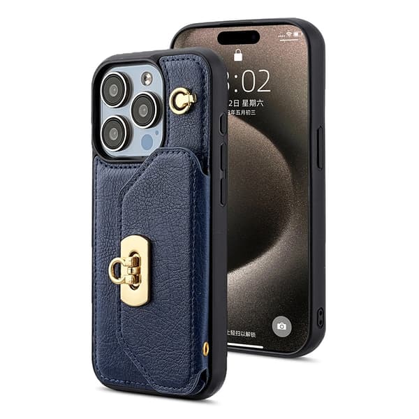 Fodral för iPhone15 PLUS mörkblå messengerväska kortplats axel mini
