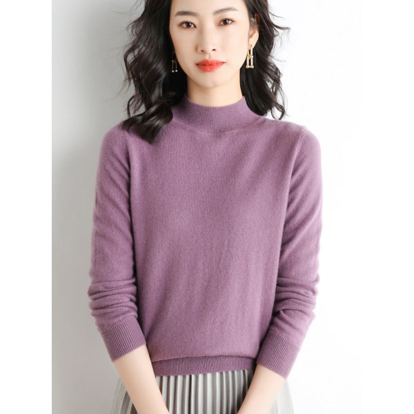 Damestrik Høst Vinter Genser Løs Mock Neck Pullover Bunnskjorte Løs pluss størrelse Purple M