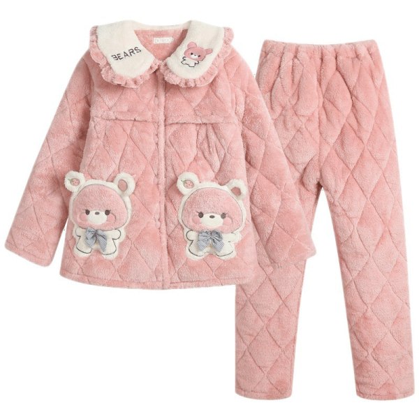 Plysj vinter trippellags bomull gravid kvinne tykk korallfleece jacquard pyjamas pink XXL