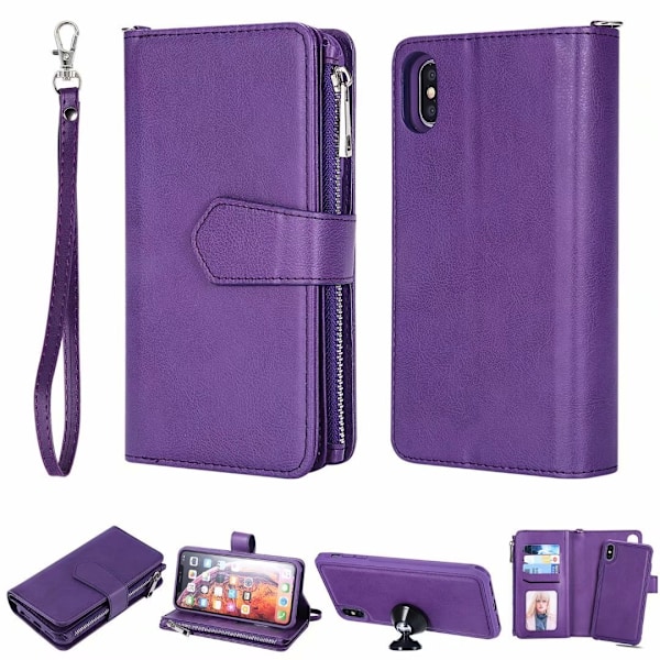 iPhone 13 -kotelo, violetti nahkainen lompakkokotelo, korttipaikka, 2 in 1 vetoketju