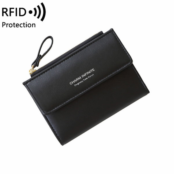 Kvinners lommebok myntveske Koreansk RFID Anti-Theft Swiping Basic Ensfarget Mote Short Bag Black