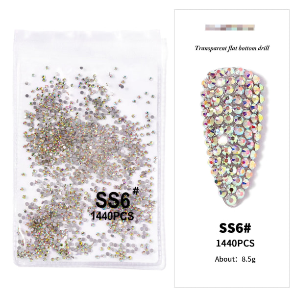 Negledekorasjoner for Nail Art Botting Drill Transparent AB Diamond DIY-dekorasjoner Gullbunn Sølvbunn SS6AB（2.0）1440