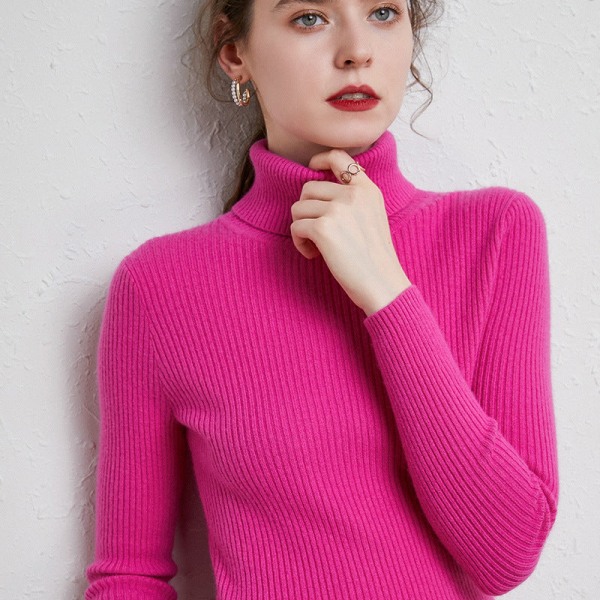 Kvinder Strik Efterår Vinter Sweater rullekrave Slim Fit Fortykket indre slid All-matching pullover Rose Red L