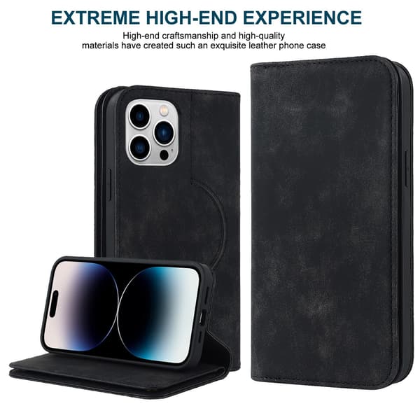Fodral för iPhone 14 stöder trådlös laddning svart läder multi kort magnetisk sug multi