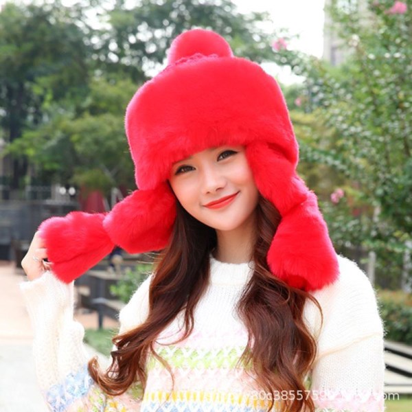 Varme vinterstrikkede luehatter kvinner Høst og vinter Lei Feng vindtett varmebevaringsmateriale Tykket fleece øreklaffer unisex Princess-Red Wool head circumference [54-60cm]]