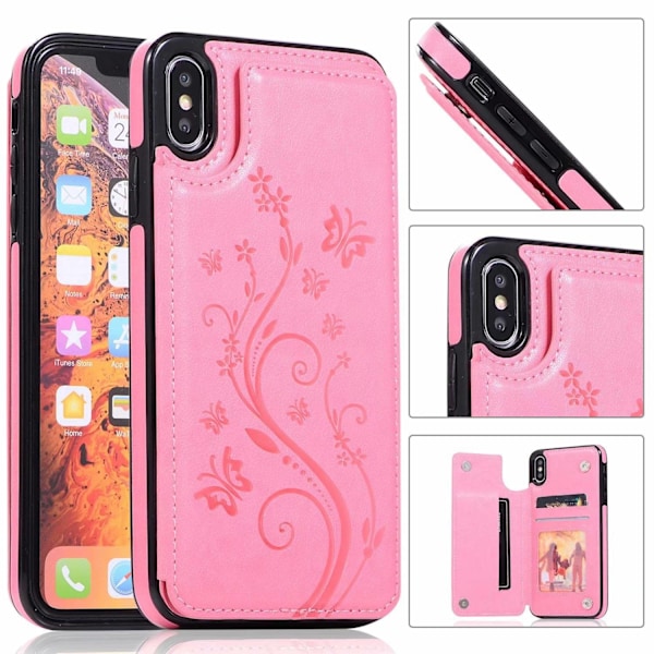 Kotelo iPhone 13 MINI puhelimelle, vaaleanpunainen kohokuvioitu perhonen, tuplalukko, korttipaikka, nahkaa