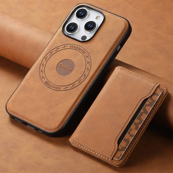 Etui til iPhone 15 Pro Khaki Magnetisk Lær Kortinnsetting Separat