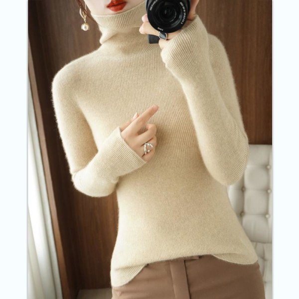 Kvinder Strik Efterår Vinter Sweater Yderbeklædning rullekrave Cashmere Sweater Pile Collar Pullover Beige L