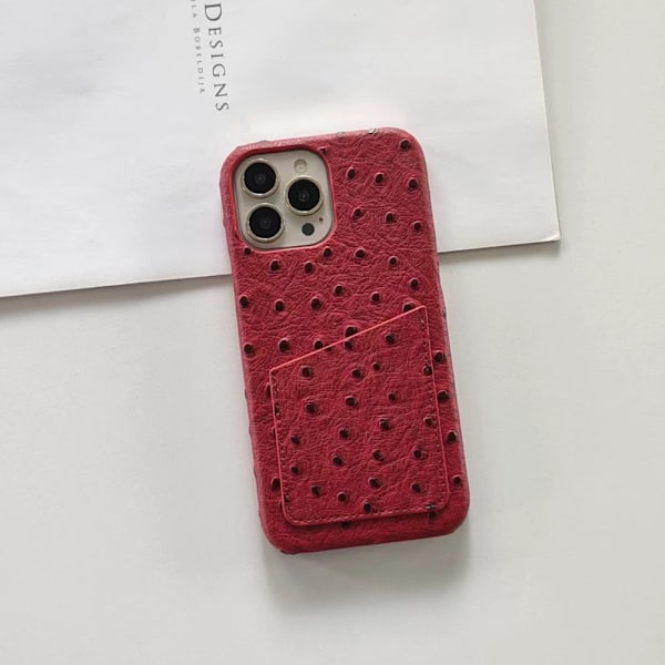 Kotelo iPhone 14 Prolle, punainen strutsinahkakuvio, kolikko- ja korttipidike, lämmönpoisto