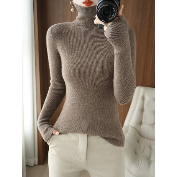 Strikkevarer for kvinner Høst Vinter Genser Yttertøy Turtleneck Cashmere Genser Pile Collar Pullover Dark coffee 2XL