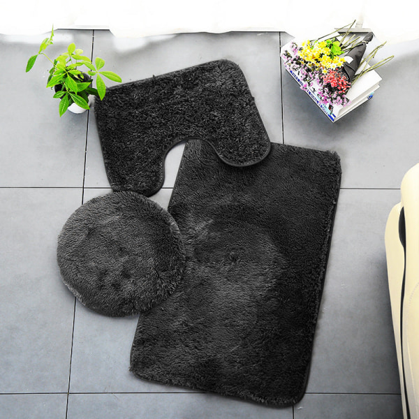 3 stk. Toiletsædebetræk Kashmir-lignende tæppe ensfarvet badeværelsesbadekarsæt Silkeuldsgulv Skridsikkert plys Black Three-piece suit