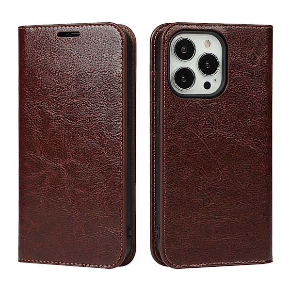 Fodral för iPhone 13 mini mörkbrun crazy horse mönster läder plånboksfodral skyddande